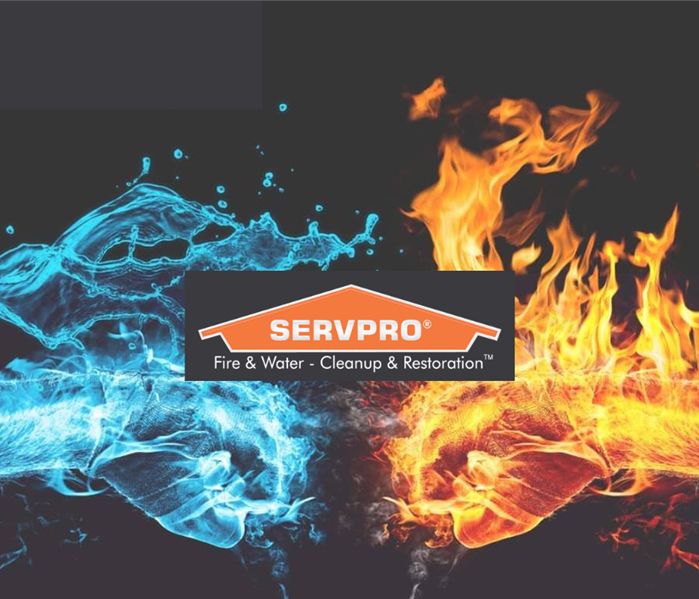 SERVPRO logo in front of fire and water mixing
