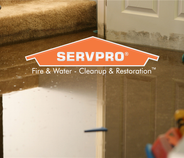 SERVPRO logo with standing water at bottom of stairs