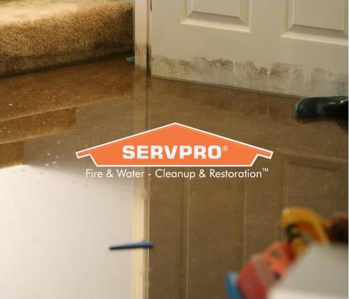SERVPRO logo over standing water in room with carpet