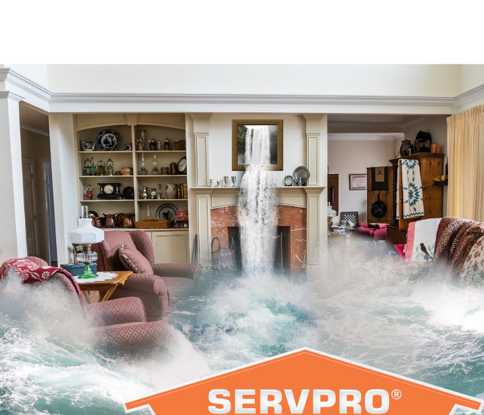 SERVPRO logo with water gushing into living room with couches and fireplace