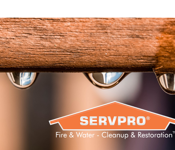 SERVPRO logo with water dripping off wood above